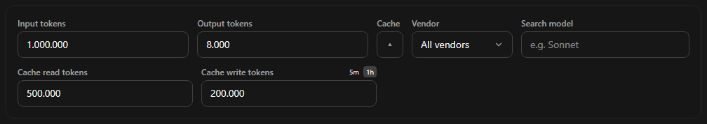 Calculator showing Input tokens, Output tokens, a Cache arrow toggle, Vendor and Search model fields, plus Cache read tokens and Cache write tokens filled in with 1h selected