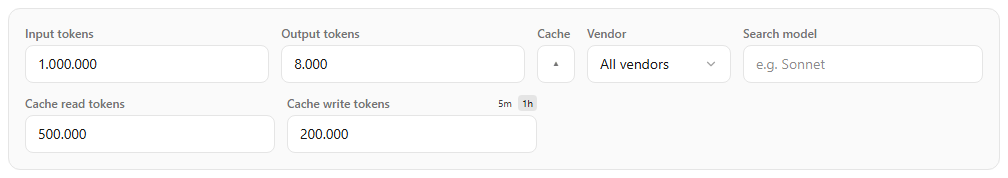 Calculator showing Input tokens, Output tokens, a Cache arrow toggle, Vendor and Search model fields, plus Cache read tokens and Cache write tokens filled in with 1h selected