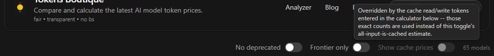The filter row with No deprecated, Frontier only, and a greyed out Show cache prices toggle, with a tooltip explaining it is overridden by the cache tokens entered below