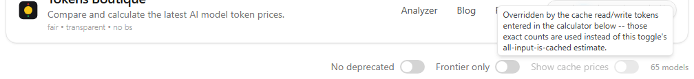 The filter row with No deprecated, Frontier only, and a greyed out Show cache prices toggle, with a tooltip explaining it is overridden by the cache tokens entered below