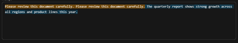 Token-by-token breakdown of a prompt, with repeated text highlighted in amber
