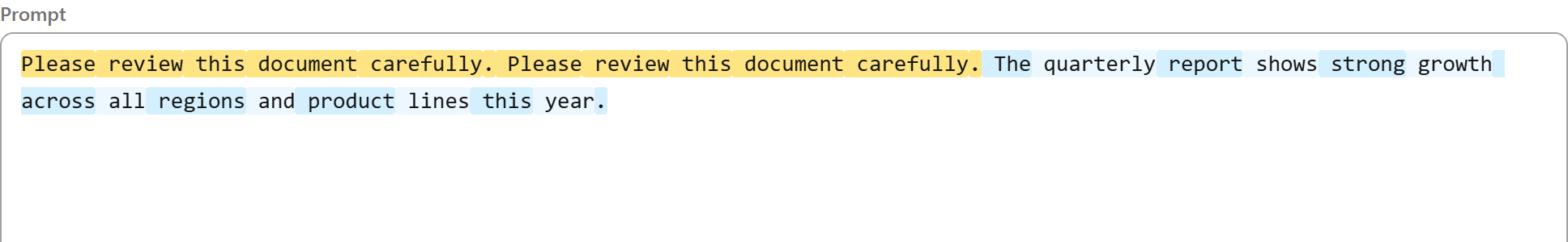Token-by-token breakdown of a prompt, with repeated text highlighted in amber