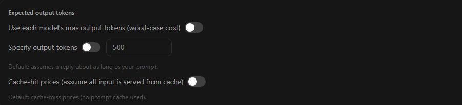 Output length options: model max output, a custom token count, and cache-hit pricing
