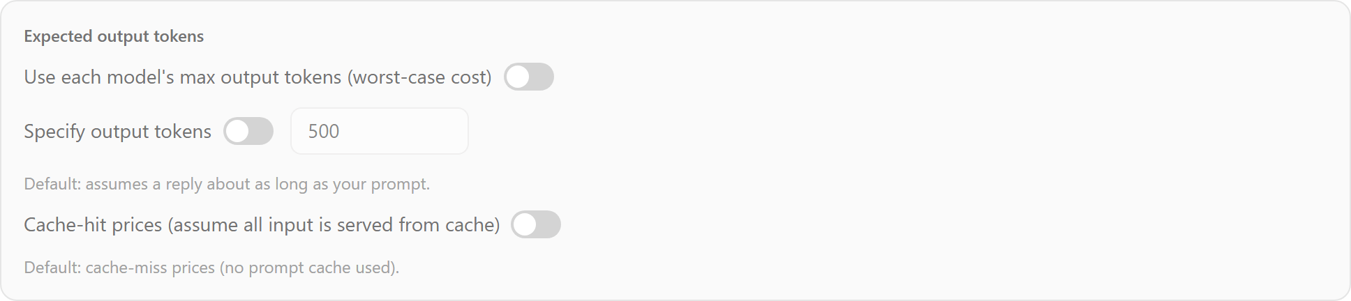 Output length options: model max output, a custom token count, and cache-hit pricing
