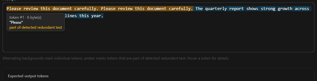 Hovering a token shows its exact text and byte size