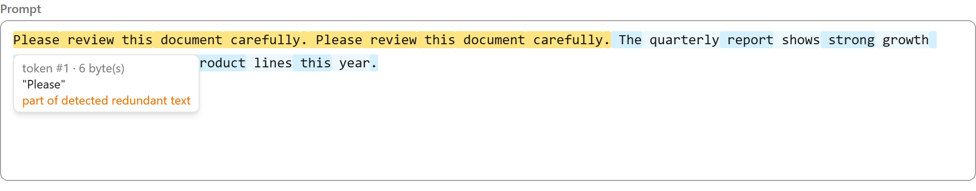 Hovering a token shows its exact text and byte size