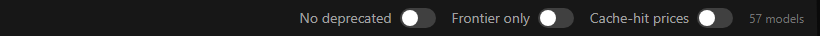 The three toggles: no deprecated, frontier only, and cache-hit prices, with a live model count