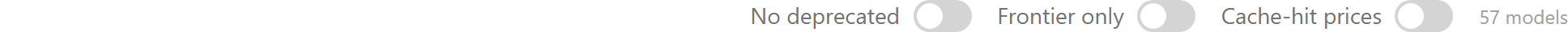 The three toggles: no deprecated, frontier only, and cache-hit prices, with a live model count
