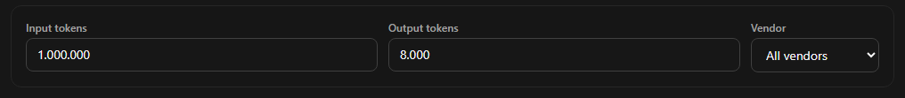 The calculator with input tokens, output tokens, and a new Vendor dropdown set to All vendors
