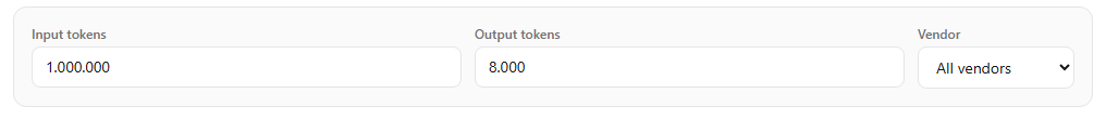 The calculator with input tokens, output tokens, and a new Vendor dropdown set to All vendors